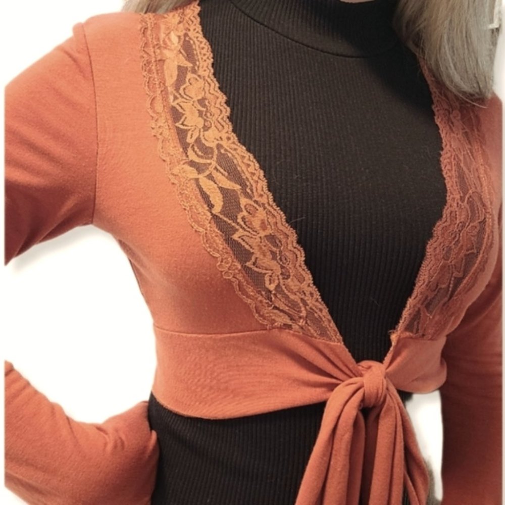 SEDUCTION Women's Long Sleeve Burnt Orange Tie Top Size Small